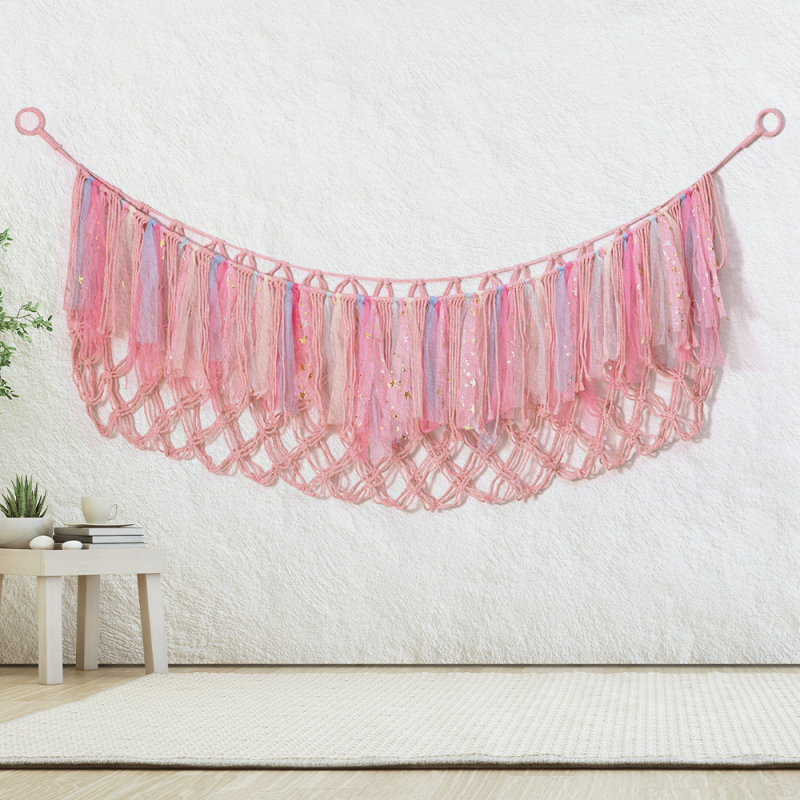 Medvilninis žaislų laikymo tinklas, rankų audimas, stačiakampis sieninis gobelenas, šiuolaikinis minimalistinis stilius, rankinis plovimas