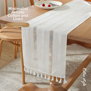 Linane laua runner triibulise mustri ja bojtidega, põhjamaade stiilis, kohandatav elutoale, magamistuppa ja tööruumile