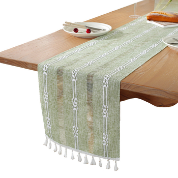 Linane laua runner triibulise mustri ja bojtidega, põhjamaade stiilis, kohandatav elutoale, magamistuppa ja tööruumile