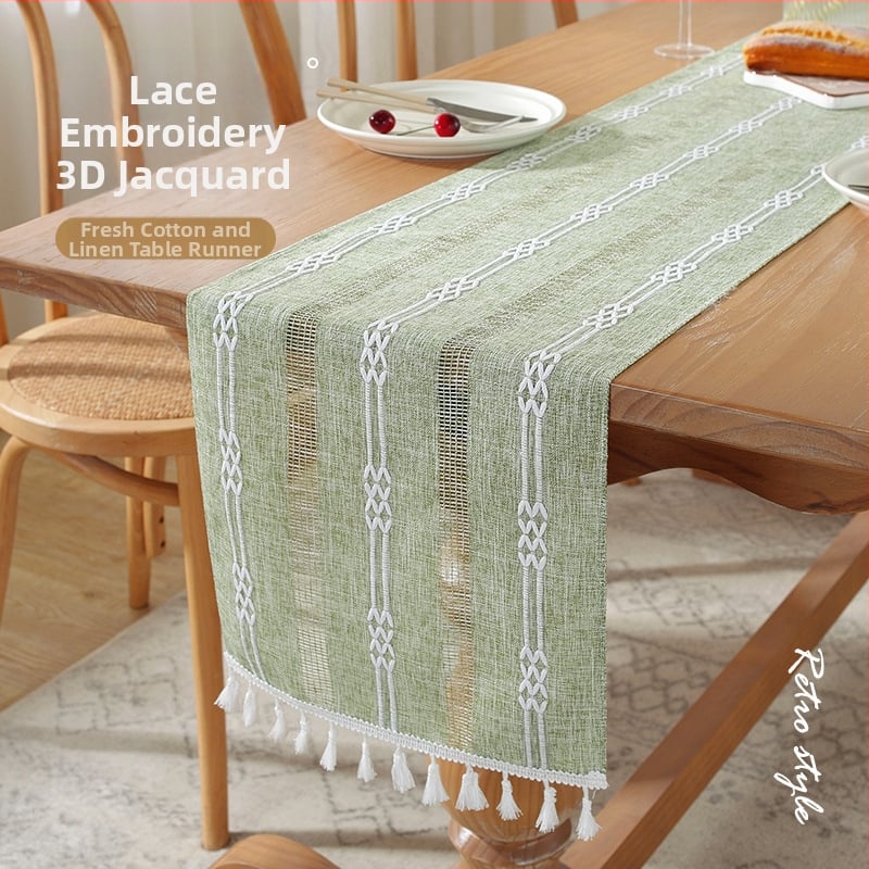 Linane laua runner triibulise mustri ja bojtidega, põhjamaade stiilis, kohandatav elutoale, magamistuppa ja tööruumile