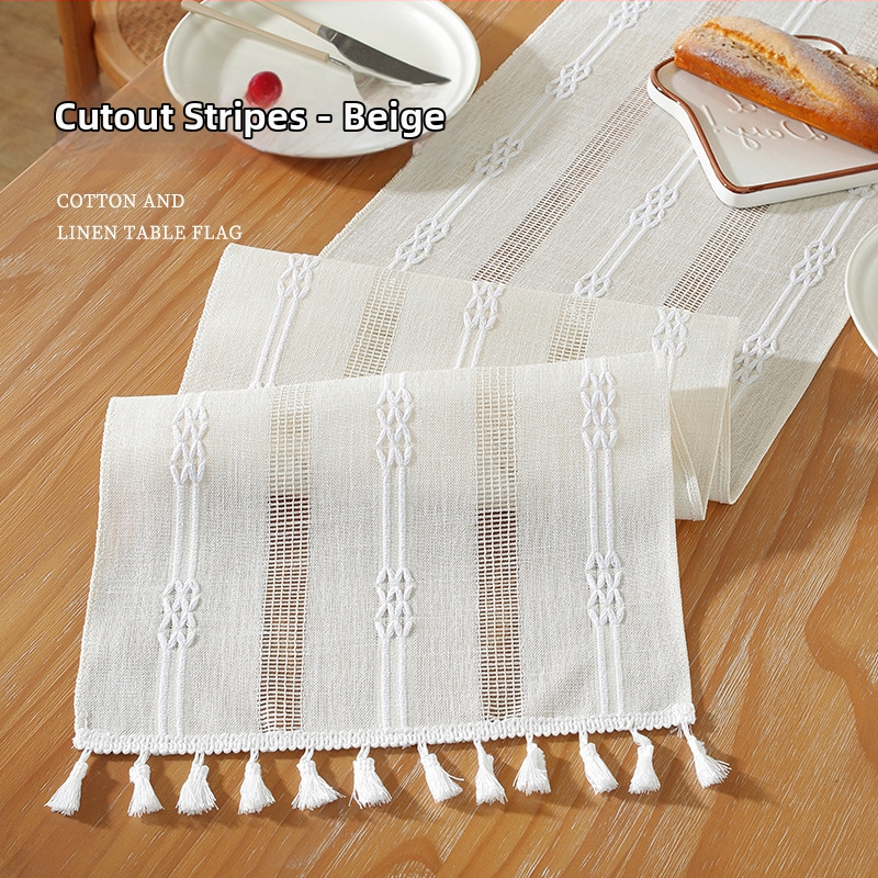 Linane laua runner triibulise mustri ja bojtidega, põhjamaade stiilis, kohandatav elutoale, magamistuppa ja tööruumile