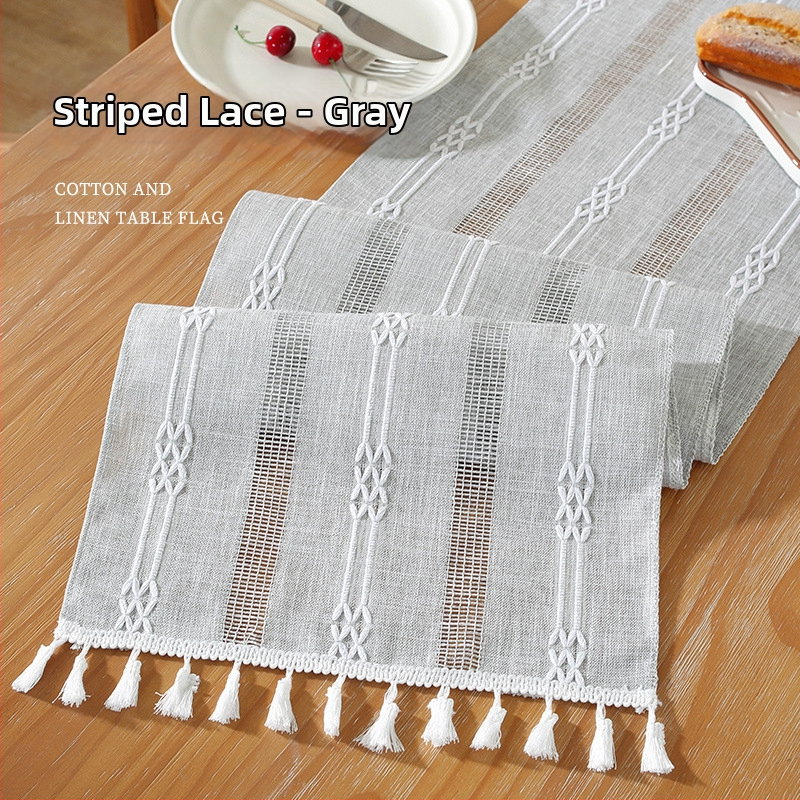 Linane laua runner triibulise mustri ja bojtidega, põhjamaade stiilis, kohandatav elutoale, magamistuppa ja tööruumile