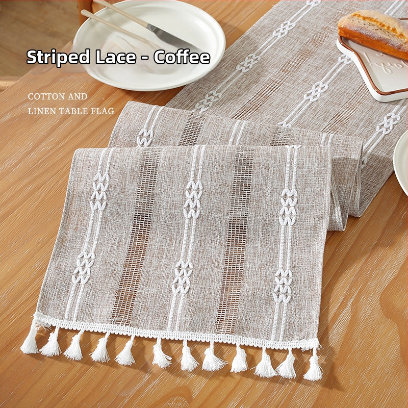 Linane laua runner triibulise mustri ja bojtidega, põhjamaade stiilis, kohandatav elutoale, magamistuppa ja tööruumile