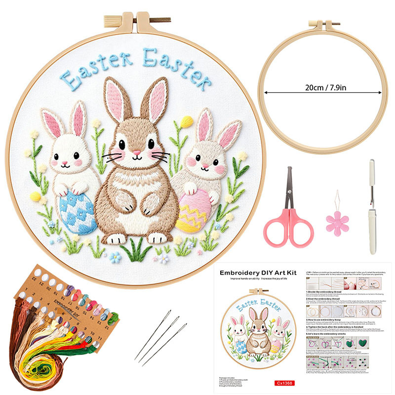 Kit de broderie cu iepure în stil pastoral, țesătură din bumbac, pentru cusut DIY