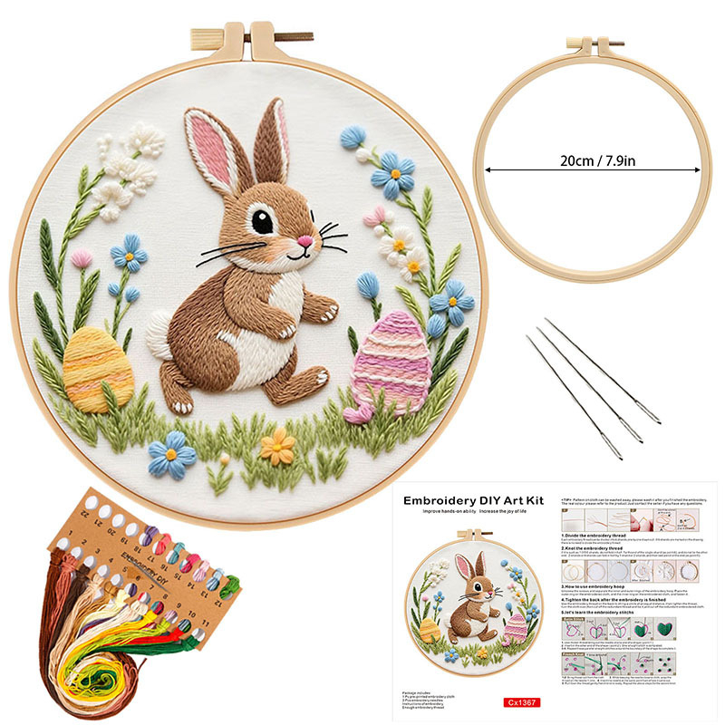 Kit de broderie cu iepure în stil pastoral, țesătură din bumbac, pentru cusut DIY