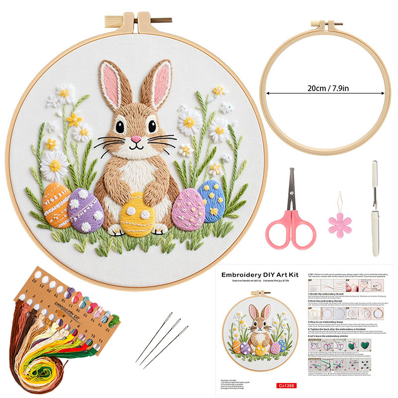 Kit de broderie cu iepure în stil pastoral, țesătură din bumbac, pentru cusut DIY