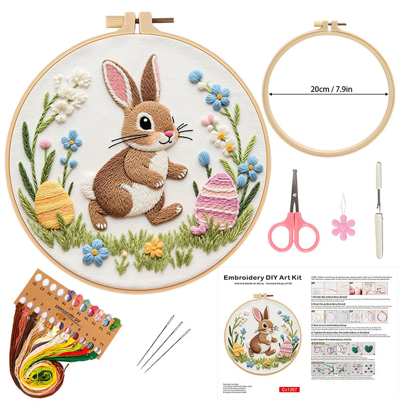 Kit de broderie cu iepure în stil pastoral, țesătură din bumbac, pentru cusut DIY