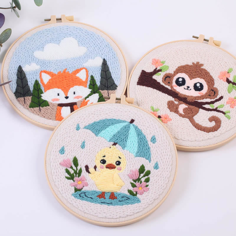 Lininis punch needle kilimo siuvimo rinkinys – gyvūnų karikatūra, DIY, audinio siuvimo rinkinys