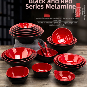 Melamininių dubenėlių rinkinys su šaukšteliu — nereguliarios formos, glazūruotas paviršius, vientisas raštas, logotipo spauda