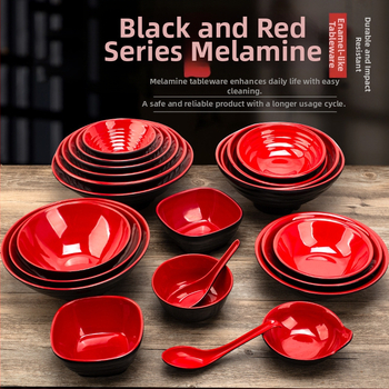 Melamininių dubenėlių rinkinys su šaukšteliu — nereguliarios formos, glazūruotas paviršius, vientisas raštas, logotipo spauda