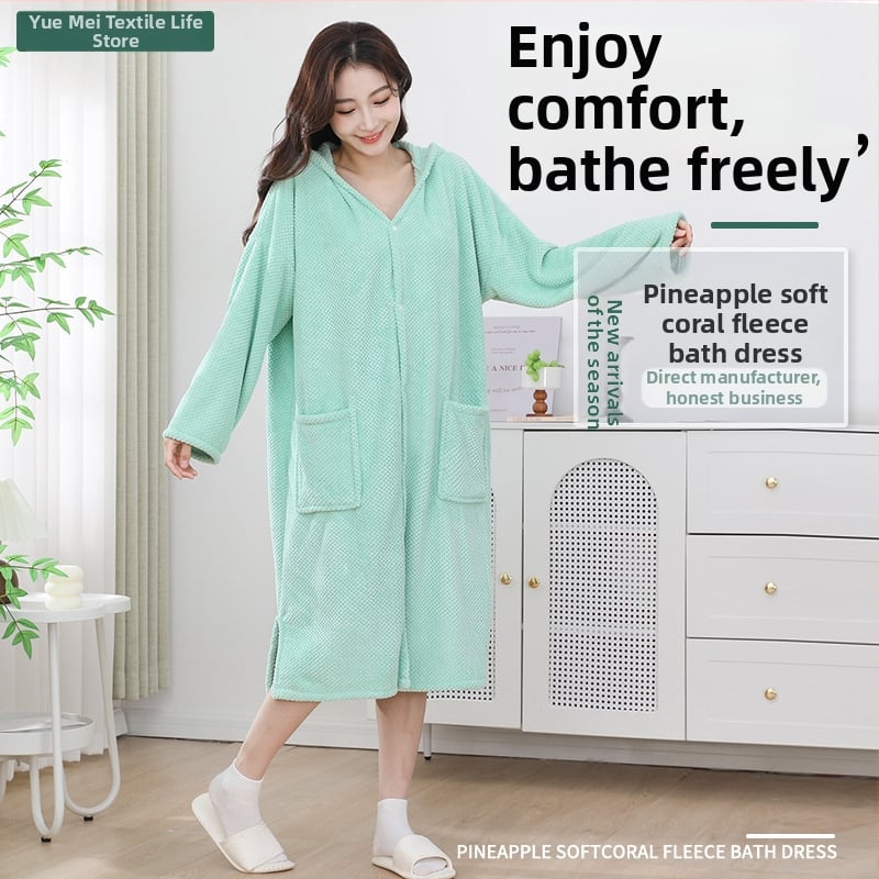 Halat de baie din fleece coral, cu glugă, model în carouri cu ananas, absorbant