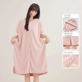 Halat de baie cu glugă din fleece coral, broderie, amestec cu spandex, 580 g