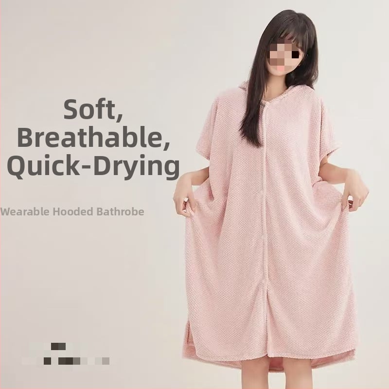 Halat de baie cu glugă din fleece coral, broderie, amestec cu spandex, 580 g