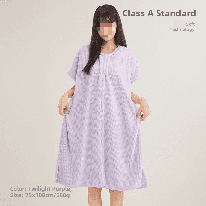 Halat de baie cu glugă din fleece coral, broderie, amestec cu spandex, 580 g