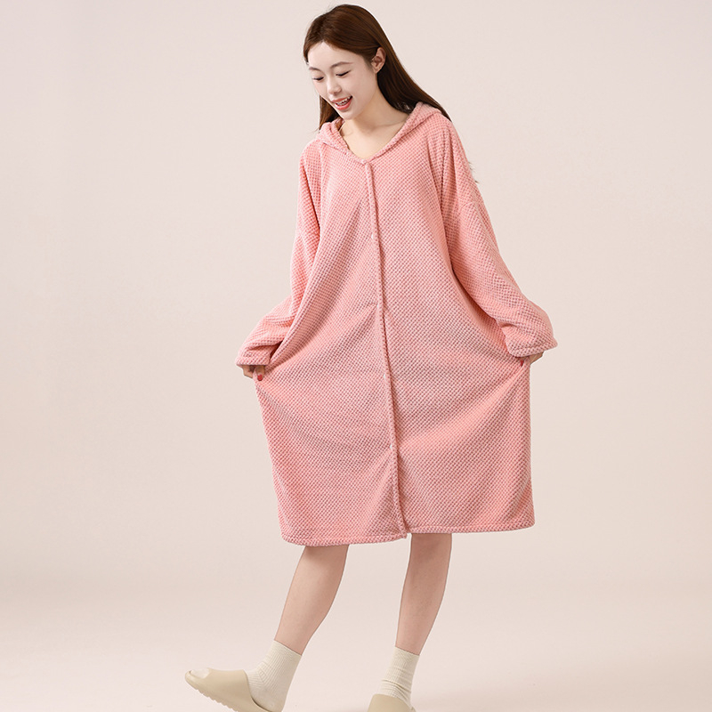 Halat de baie, lung cu glugă, unisex, de iarnă, din fleece coral, gros și absorbant (650 g, 80% poliester, mâneci lungi, adulți)