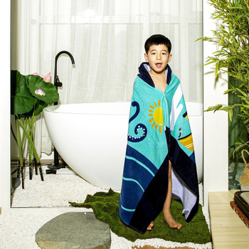 Laste kapuutsiga vannivööri ultra‑õhukeste kiududest; karikatuurid; kaal 200–300 g; 32 niiti; kohandatav; trükk ja veluurviimistlus