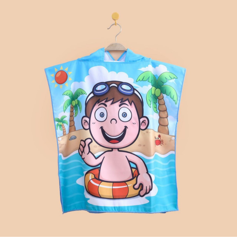 Laste kapuutsiga mikrofiiberist vannitükk, kiiresti kuivav, kahekülgne veluur, GSM 170-200, imav ja soe, multikas trükiga