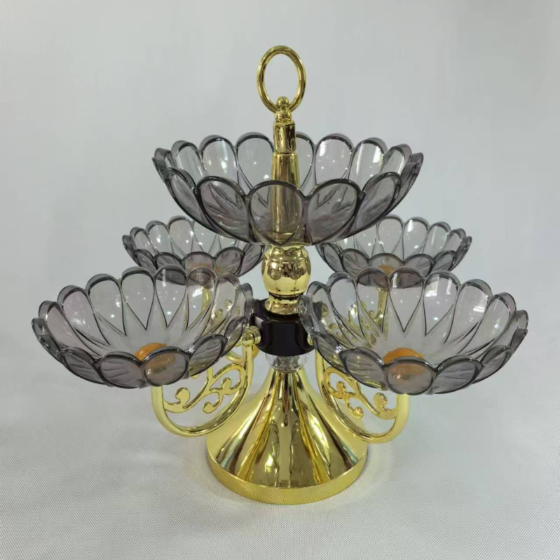 Europos stiliaus daugiasluoksnė sukiojama vaisių lėkštė su krištolo efektu (Medžiaga: Plastikas; Paviršiaus apdaila: elektroplatingas; Pakuotė: kartono pakuotė)