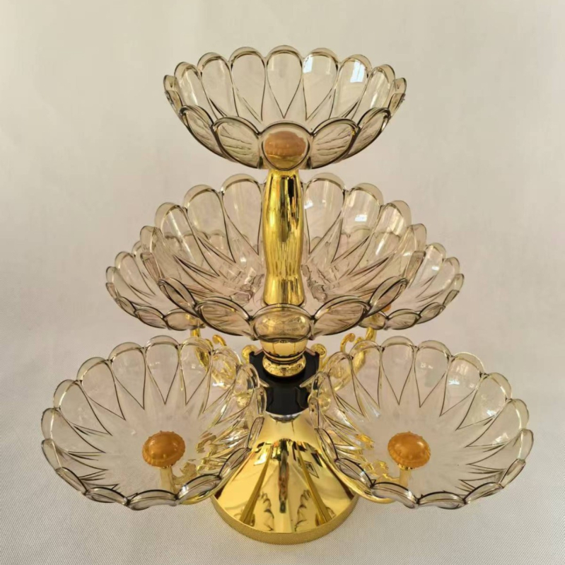 Europos stiliaus daugiasluoksnė sukiojama vaisių lėkštė su krištolo efektu (Medžiaga: Plastikas; Paviršiaus apdaila: elektroplatingas; Pakuotė: kartono pakuotė)