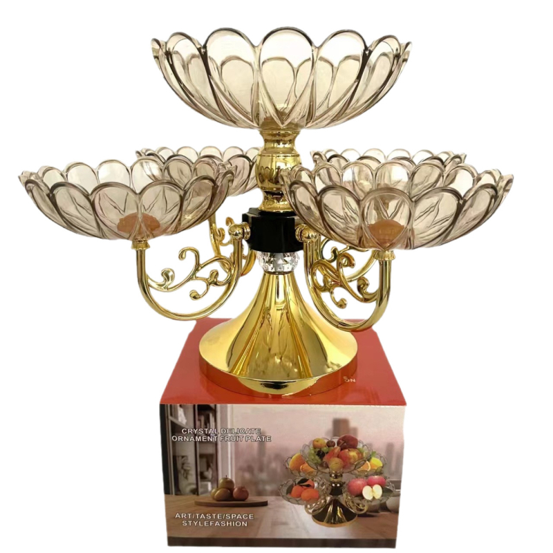 Europos stiliaus daugiasluoksnė sukiojama vaisių lėkštė su krištolo efektu (Medžiaga: Plastikas; Paviršiaus apdaila: elektroplatingas; Pakuotė: kartono pakuotė)