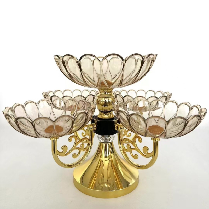 Europos stiliaus daugiasluoksnė sukiojama vaisių lėkštė su krištolo efektu (Medžiaga: Plastikas; Paviršiaus apdaila: elektroplatingas; Pakuotė: kartono pakuotė)