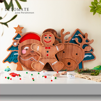 Чиния за коледни лакомства, дървена, със забавни еленови рога, квадратна форма, ивици