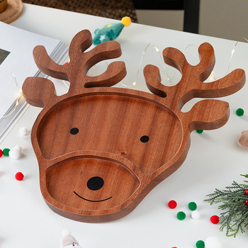 Чиния за коледни лакомства, дървена, със забавни еленови рога, квадратна форма, ивици