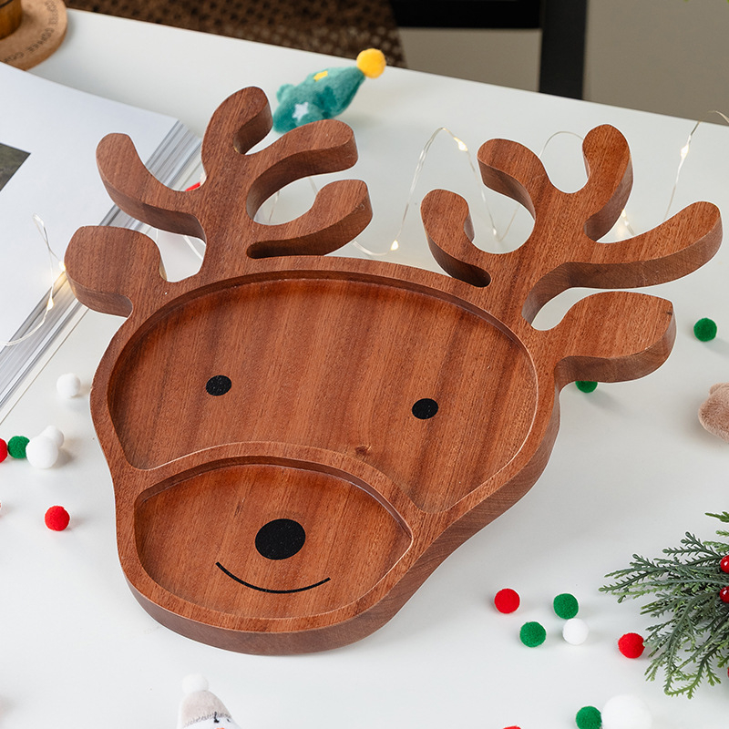 Чиния за коледни лакомства, дървена, със забавни еленови рога, квадратна форма, ивици