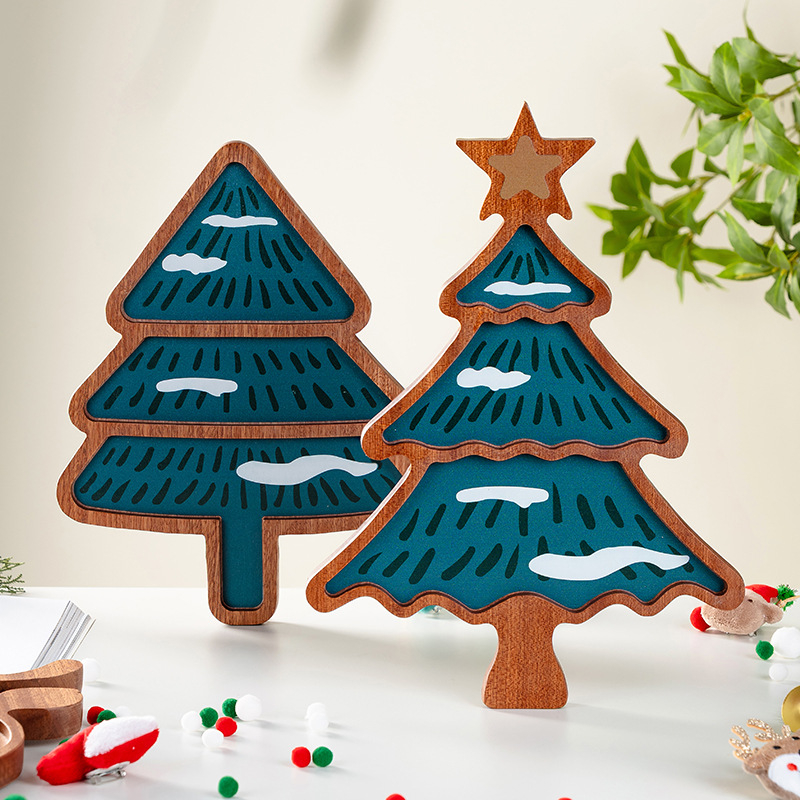 Чиния за коледни лакомства, дървена, със забавни еленови рога, квадратна форма, ивици