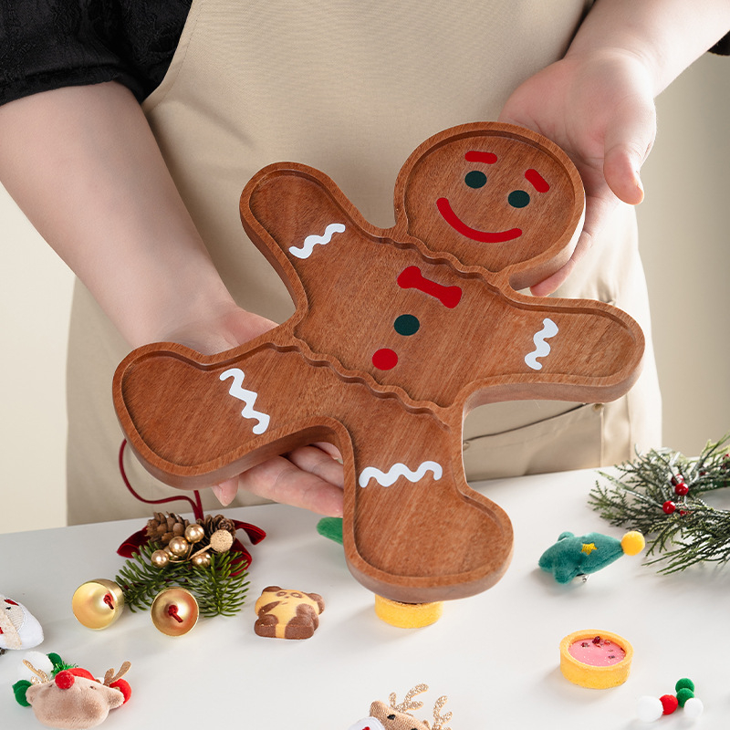 Чиния за коледни лакомства, дървена, със забавни еленови рога, квадратна форма, ивици