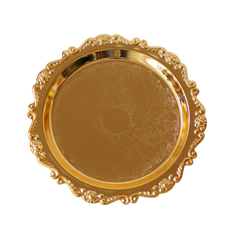 Ümmargune metallist taldrik – vasest elektroplaadiga kaetud, kerge luksuslik retro stiil, mitmesugused mustrid, sobib puuviljade, kookide ja tee serveerimiseks