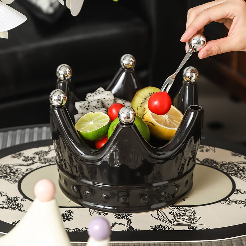 Portselani krooni kujuline puuviljade taldrik koos puuviljakahvaga, kerge luksuslik retro stiil, premium kvaliteet