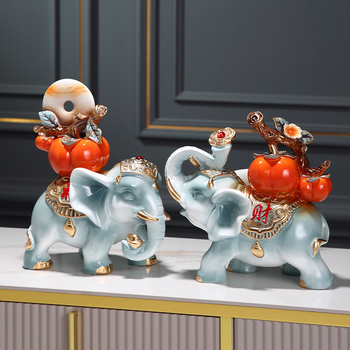 Двойка слонови фигури от синтетична смола, китайски стил, декоративна композиция за дневна, подарък за нов дом