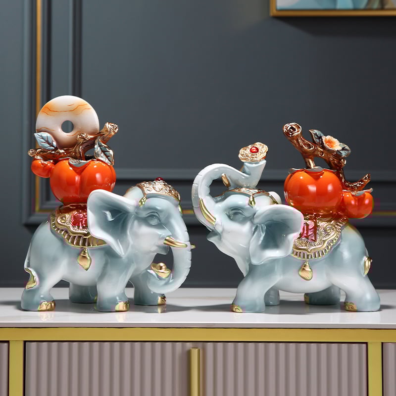 Двойка слонови фигури от синтетична смола, китайски стил, декоративна композиция за дневна, подарък за нов дом