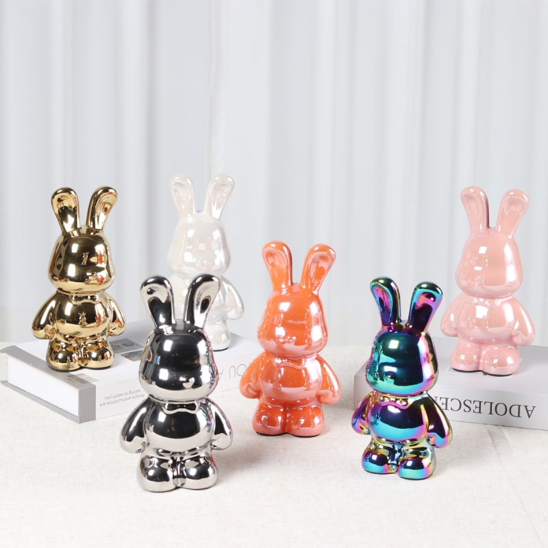 Keramikas zaķa naudas lāde – elektroplatinga apdare, gaišais luksusa stils, dekoratīva figūra