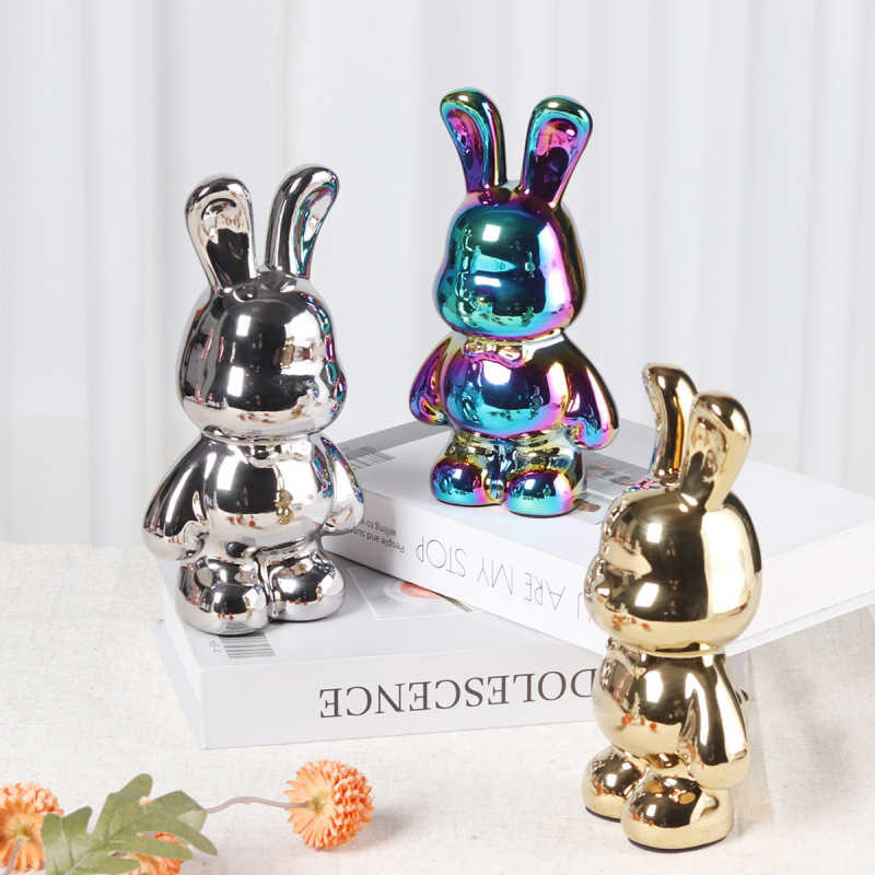 Keramikas zaķa naudas lāde – elektroplatinga apdare, gaišais luksusa stils, dekoratīva figūra