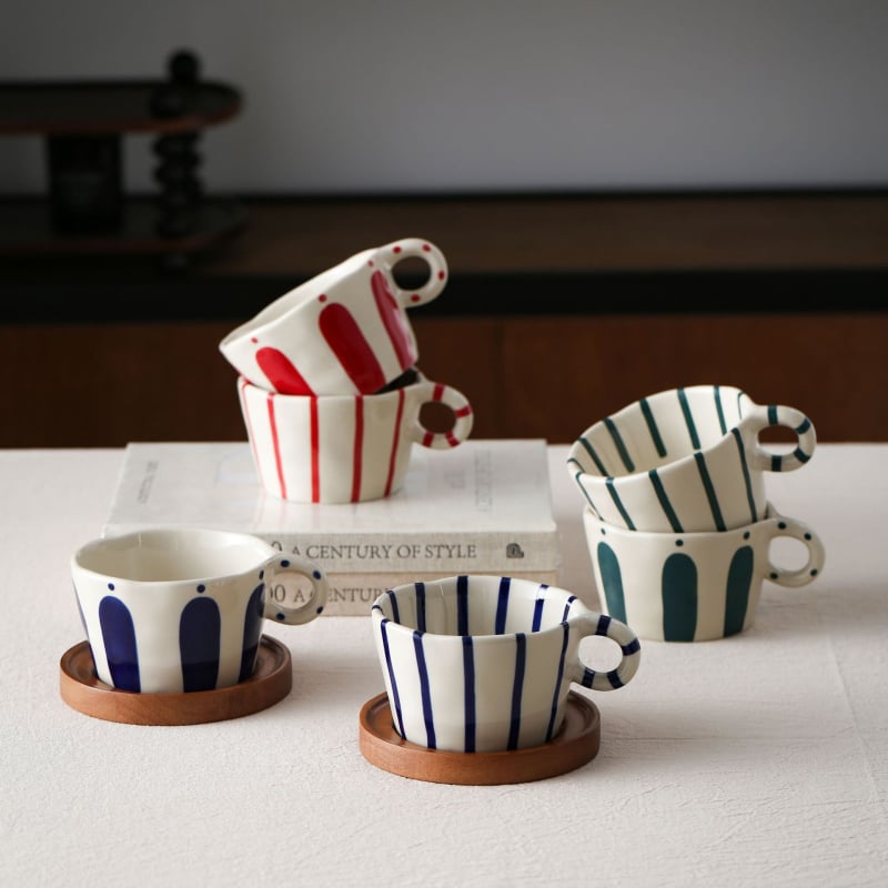 Keramička šalica za kavu s tanjurićem – japanski retro stil, lagani luksuzni retro, prugasti uzorak, latte art, prilagodljivo
