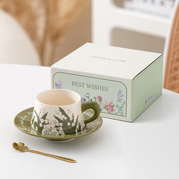 Σετ φλυτζανιών και πιάτων καφέ — κεραμικός, απλό στυλ, αρχική υδατογραφία, μοτίβο Tremella, παραμετροποιήσιμο, συσκευασία μονής