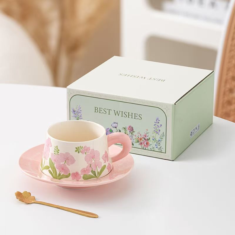 Σετ φλυτζανιών και πιάτων καφέ — κεραμικός, απλό στυλ, αρχική υδατογραφία, μοτίβο Tremella, παραμετροποιήσιμο, συσκευασία μονής