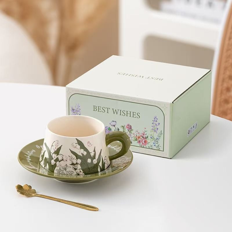 Σετ φλυτζανιών και πιάτων καφέ — κεραμικός, απλό στυλ, αρχική υδατογραφία, μοτίβο Tremella, παραμετροποιήσιμο, συσκευασία μονής