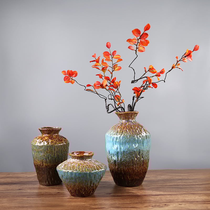 Ретро пещно изпичана керамична ваза за домашен и офис интериор, аранжиране със сухи цветя