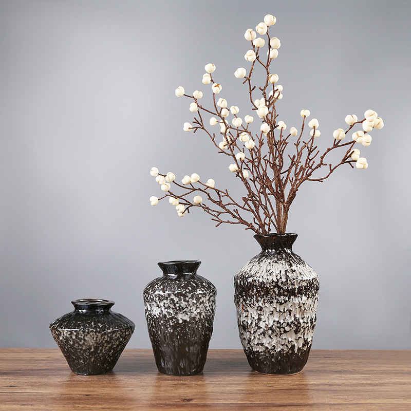 Ретро пещно изпичана керамична ваза за домашен и офис интериор, аранжиране със сухи цветя