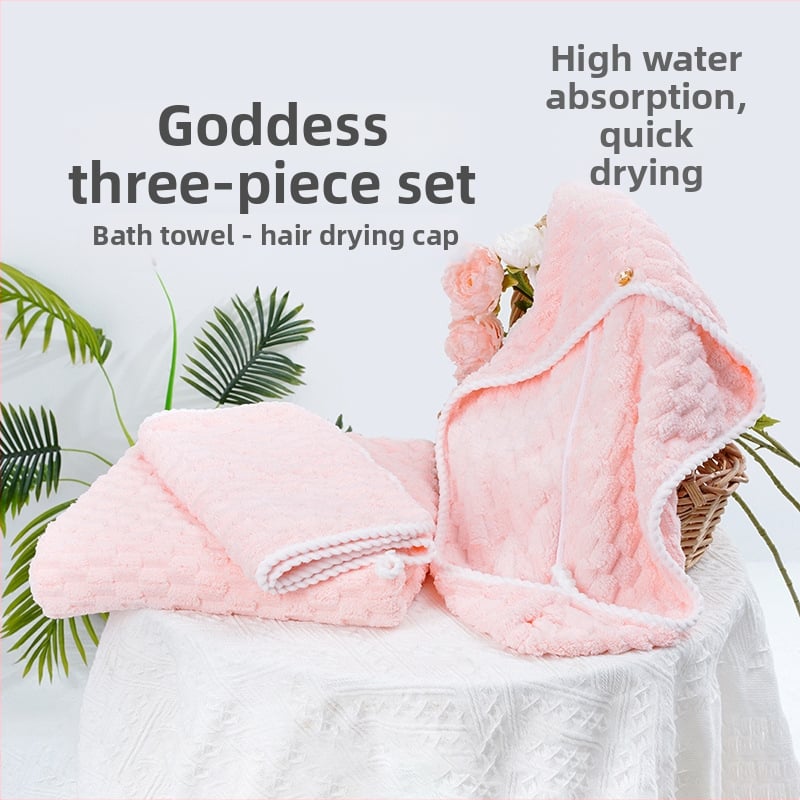 Set de prosoape de baie din catifea corală (prosoape pentru corp, față și căciulă de uscare a părului) – Brand: Yiduo; Material: catifea coral; Greutate: 400–500 g; Personalizare disponibilă