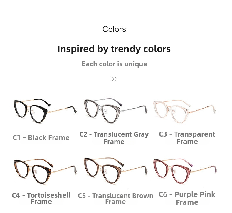 Cat-eye akiniai nuo myopijos su anti-mėlynos šviesos danga, rėmas iš TR90+ metalo, modelis F-71028, reguliuojamas rėmas.