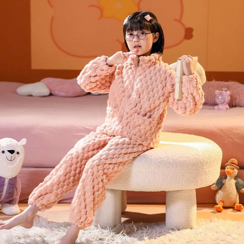 Set de flanel pentru copii, cu fermoar, dungi, 95% poliester, mâneci lungi, uscare rapidă