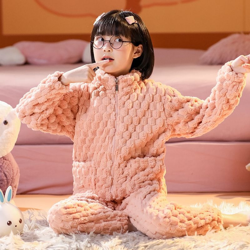 Set de flanel pentru copii, cu fermoar, dungi, 95% poliester, mâneci lungi, uscare rapidă