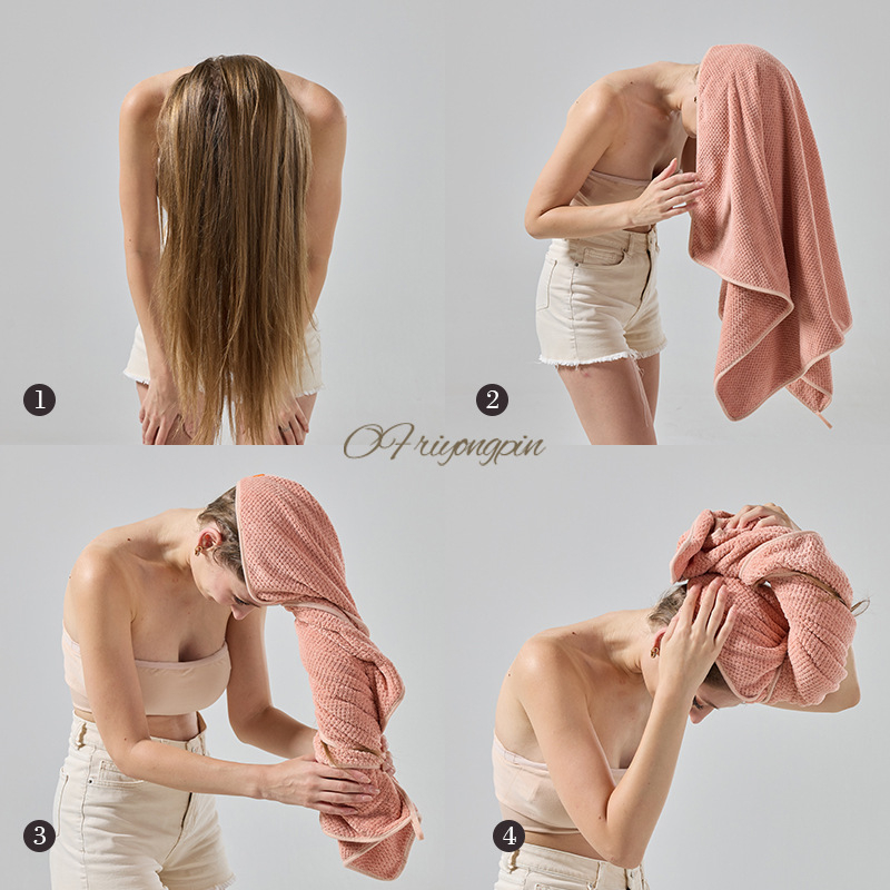 Bonetă pentru uscat părul, din velur coral, țesătură cu model grilă de ananas, 150D fibre, greutate peste 200 g, uscare rapidă și absorbție ridicată.