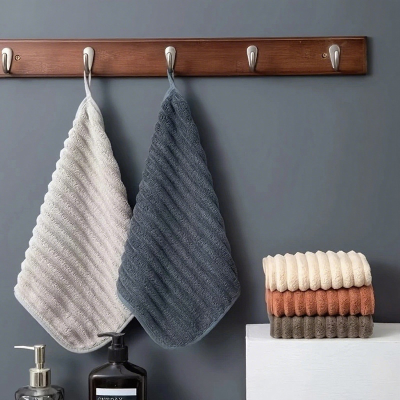 Set de 5 prosoape de mâini din fleece coral, moi, pătrate, pentru bucătărie și baie, cu buclă de agățare, 280 g, margine cusută