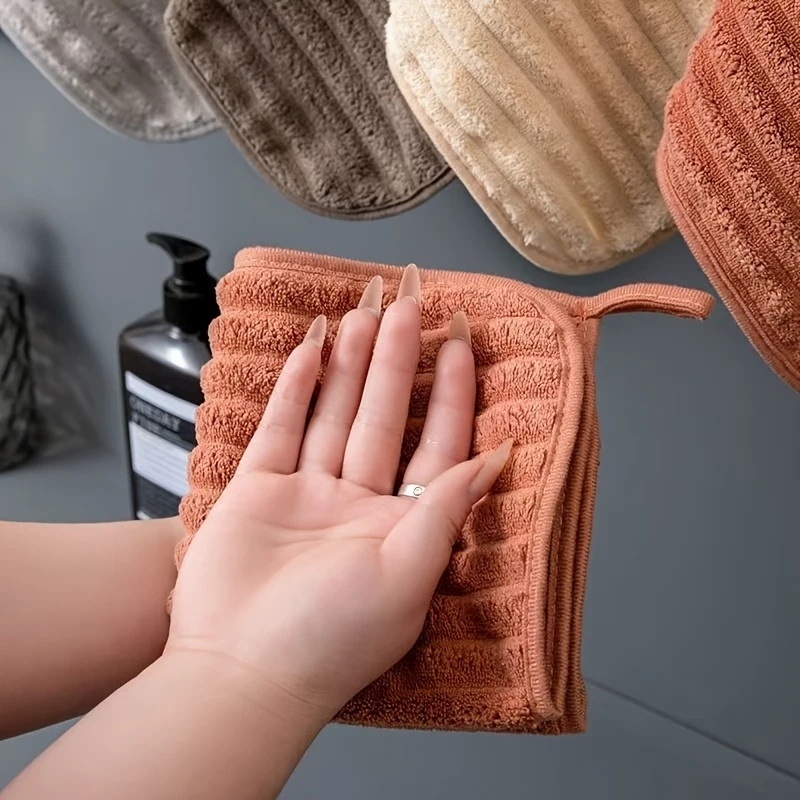 Set de 5 prosoape de mâini din fleece coral, moi, pătrate, pentru bucătărie și baie, cu buclă de agățare, 280 g, margine cusută