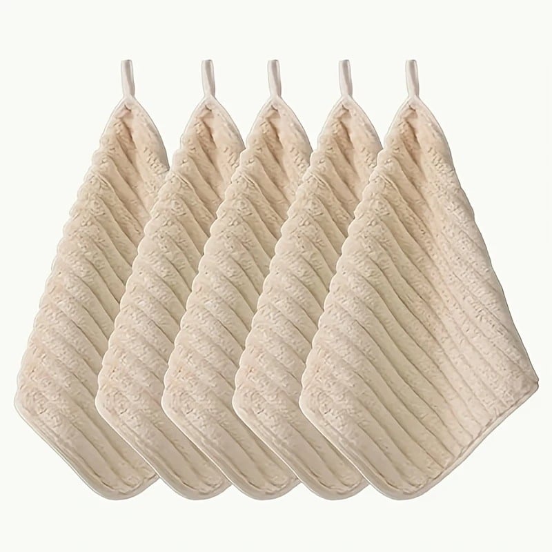 Set de 5 prosoape de mâini din fleece coral, moi, pătrate, pentru bucătărie și baie, cu buclă de agățare, 280 g, margine cusută